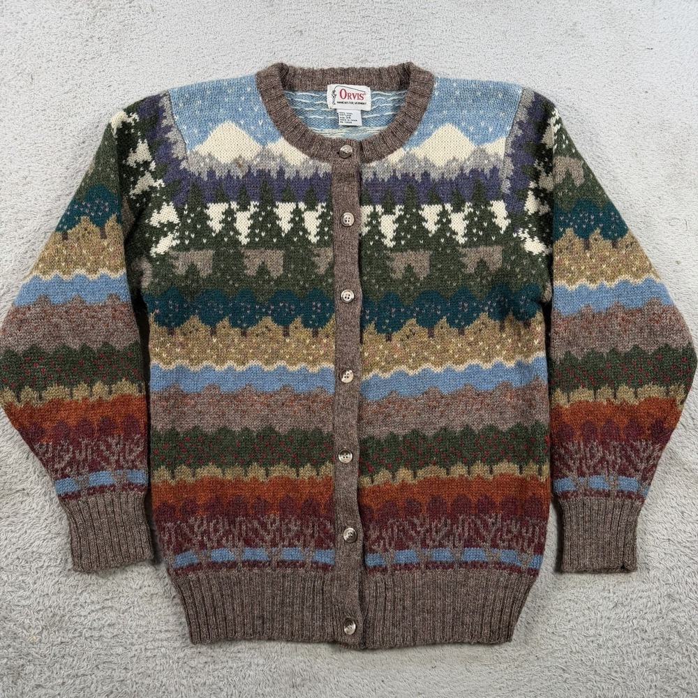 VTG Orvis Cardigan Sweater Womens 34 100% Shetland Wool Forest Mountain Nature
